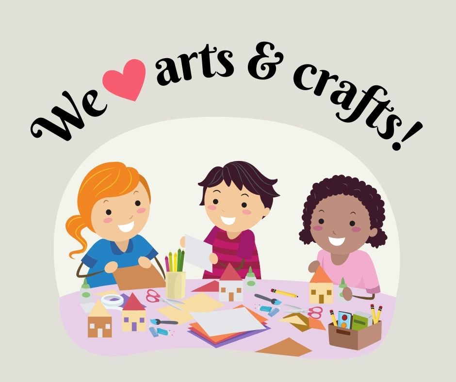 Clip art of three children creating crafts together is against a gray background. The phrasing with the picture says "We heart arts and crafts!"