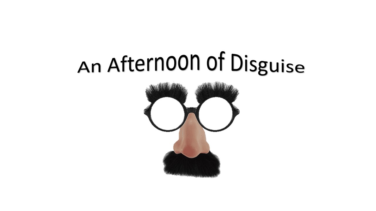 "An Afternoon of Disguise" text with a glasses and fake nose, mustache, and eyebrows disguise.