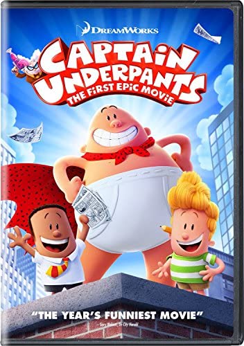 Image of DVD cover of The Captain Underpants: The First Epic Movie with charactures of Captain Underpants, George Beard, and Harold Hutchins.