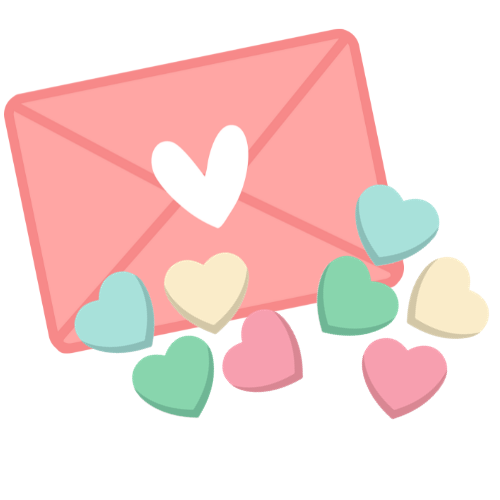 Image of an envelope with a heart on it, surrounded by hearts. 