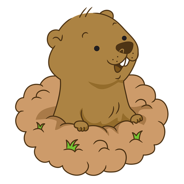 A cartoon groundhog is looking out of his burrow and facing to the right while smiling an open mouth smile.