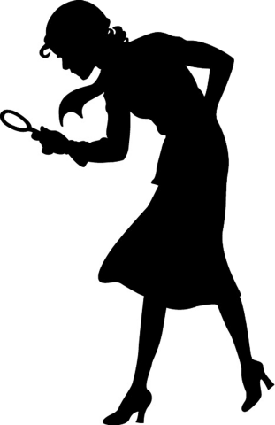 Black silhouette image of a woman looking through a magnifying glass.