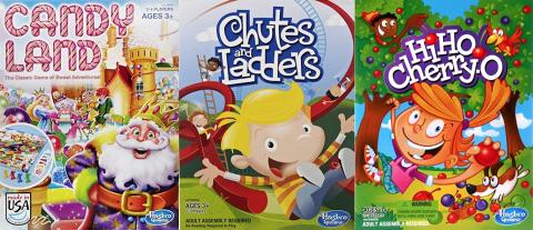 Image of Candy Land, Chutes & Ladders, and Hi-Ho Cherry-O board games.