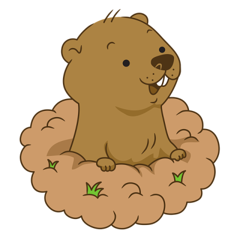 A cartoon groundhog is looking out of his burrow and facing to the right while smiling an open mouth smile.