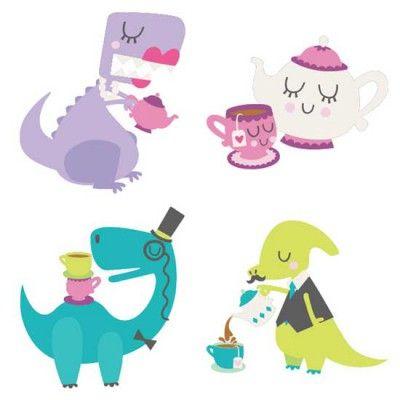 Image of dinosaurs in fancy dress clothes, drinking hot tea together