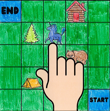 an image of a hand pushing a unicorn on a crayon colored game board.