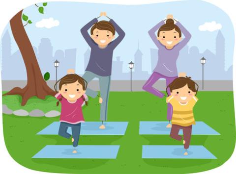 Cartoon of yoga with parents and children