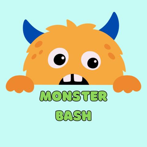 An orange and blue monster is against a light blue background with "Monster Bash" in lime green underneath it.