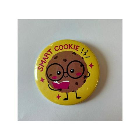 Image of a button with a picture of a cookie in glasses that says "one smart cookie."