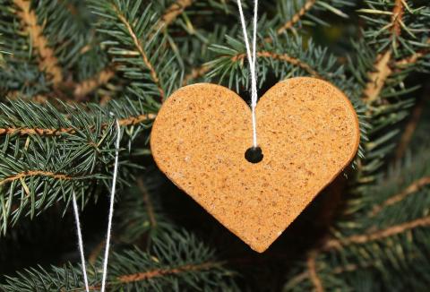 Image of a heart shaped, gingerbread ornament. 