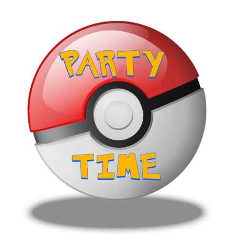 A red and white Pokeball has the text "Party Time" over it in the Pokemon font