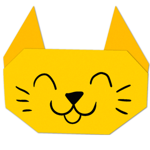 A yellow origami cat head with a drawn-on face.