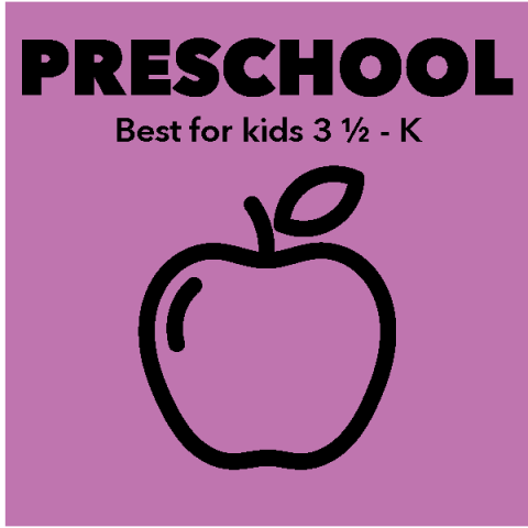 Presschool: Best for kids 3 1/2 - K. Purple background with an apple icon.