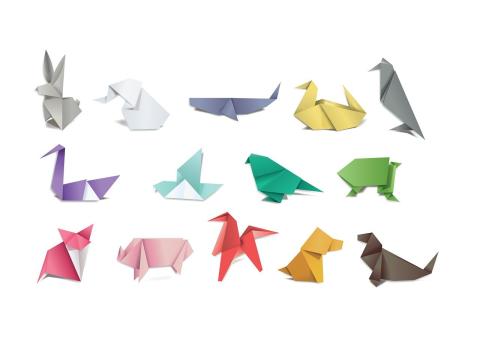 fourteen paper origami animals of different colors