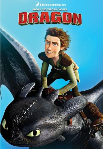 Cover of the DVD for the animated How to Train Your Dragon movie. Boy riding a black dragon.