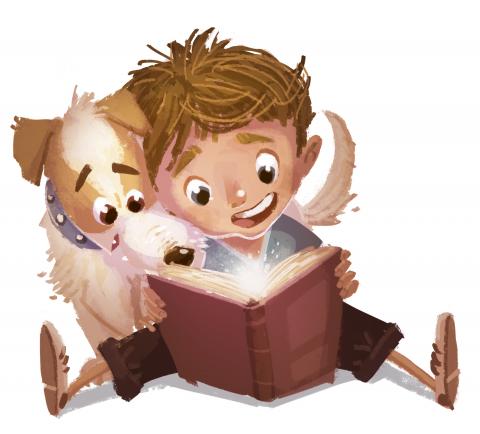 Image of a kid and a dog reading together. 