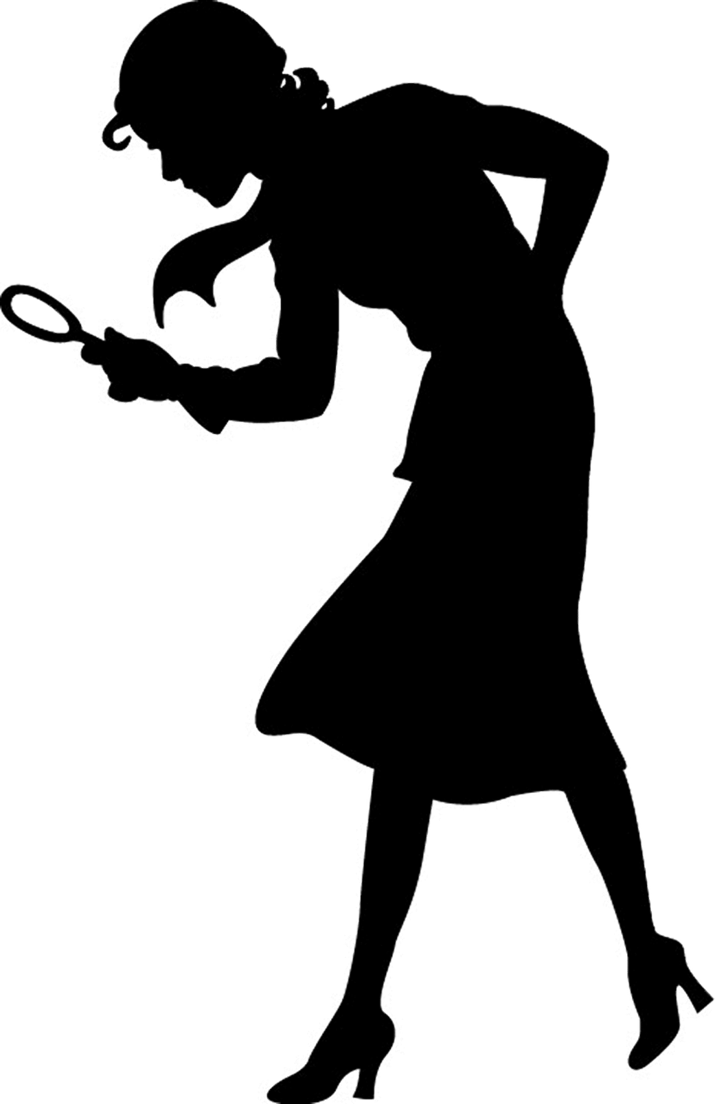 Black silhouette image of a woman looking through a magnifying glass.