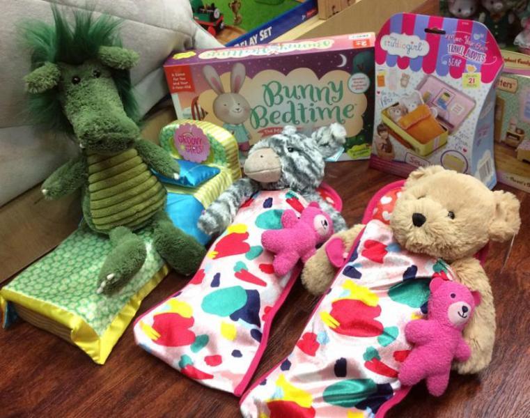 Image of stuffed animals at a slumber party