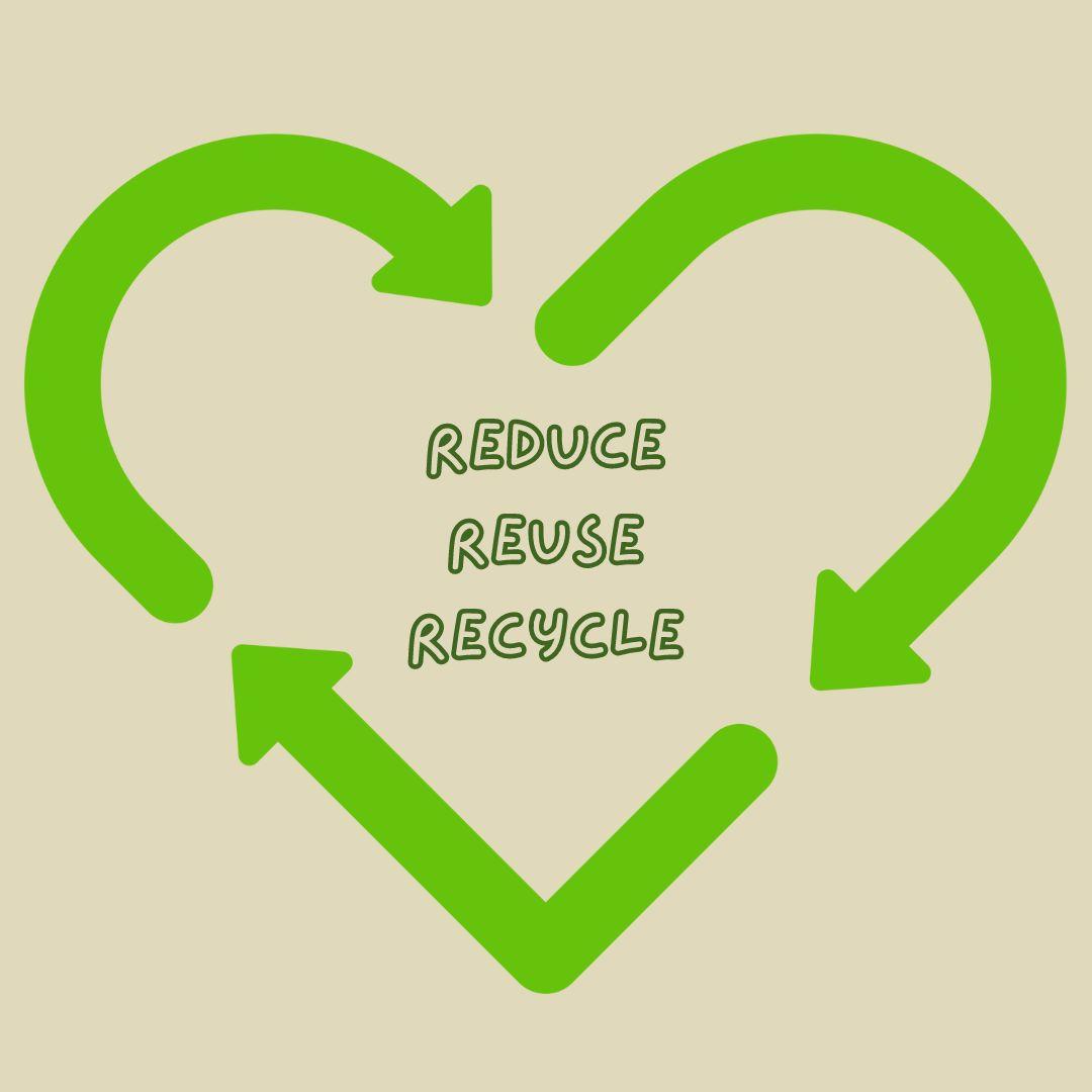 A heart made out of green arrows surrounds green text that says "reduce reuse recycle" on a tan background.