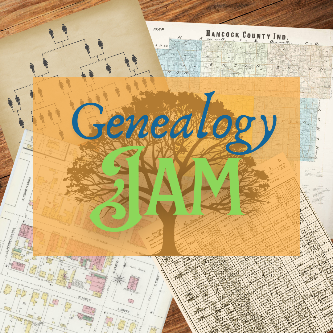 Event image with "Genealogy Jam" displayed over maps, a census record, and family tree.