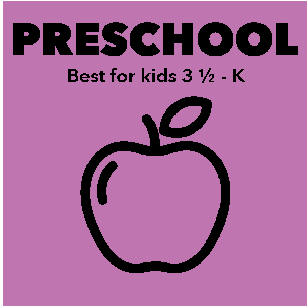 Presschool: Best for kids 3 1/2 - K. Purple background with an apple icon.