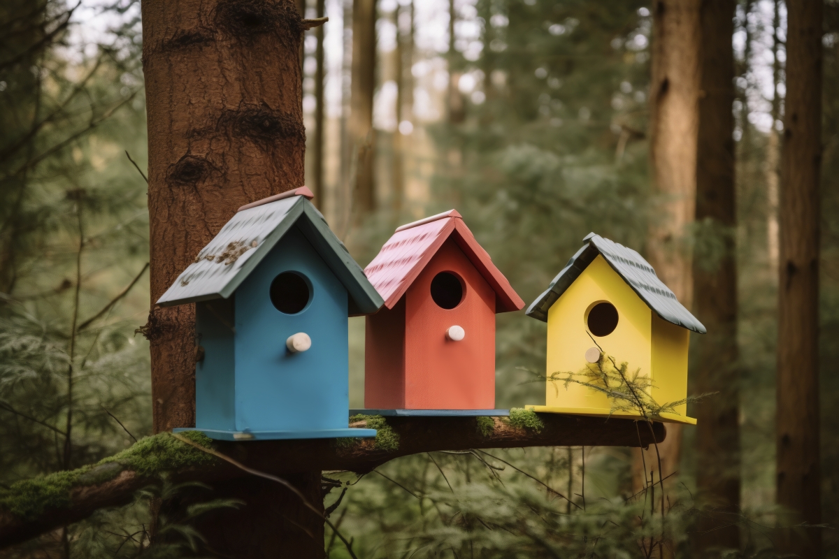 Three bird houses painted blue, red, and yellow